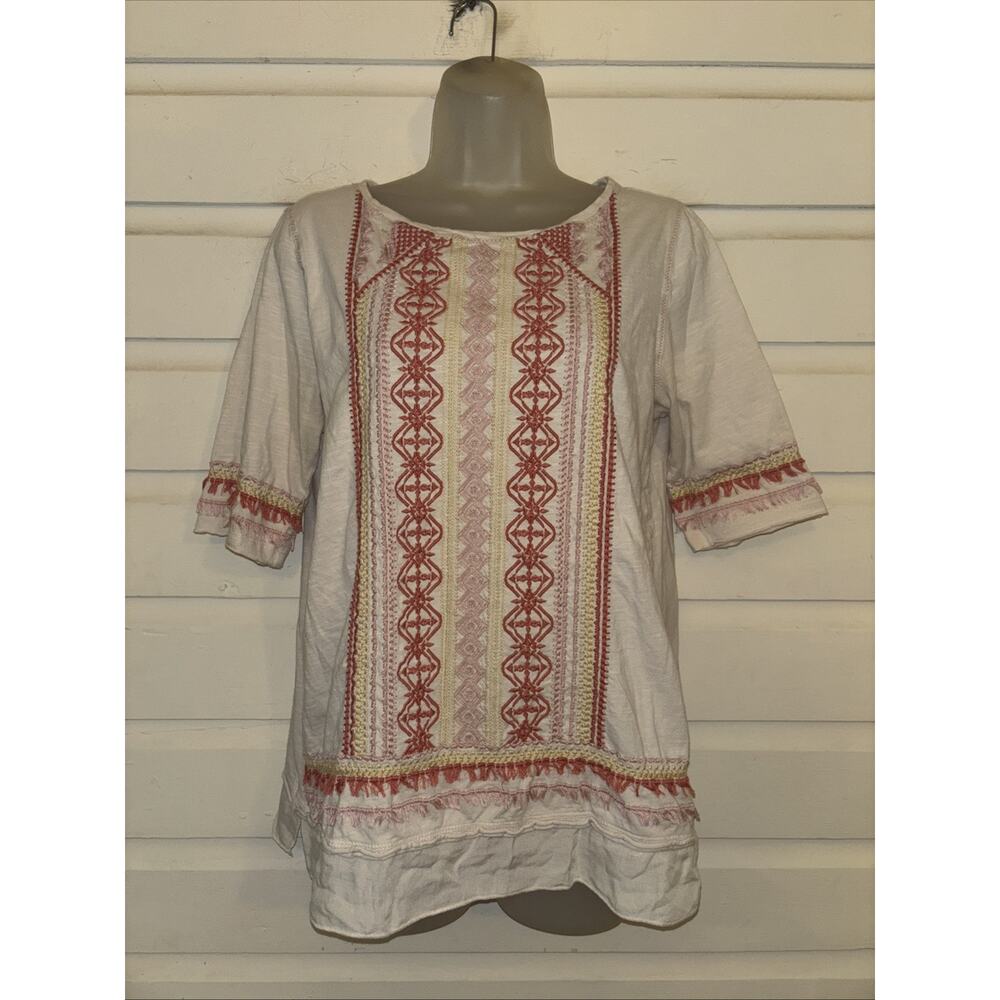 Sundance 100% Cotton Embroidered Short Sleeve Pullover Top Size M